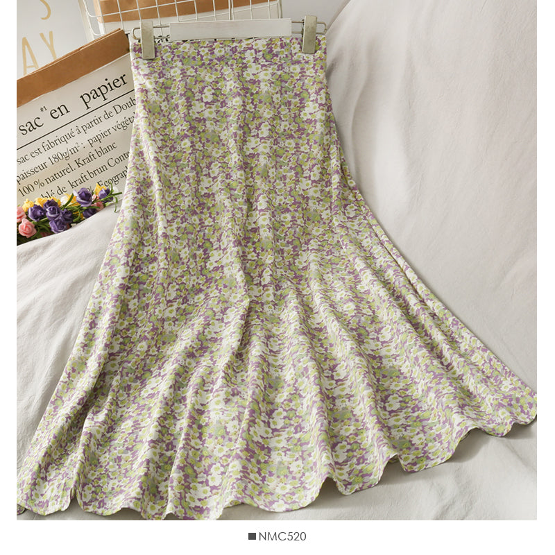 Sweet wind printed high waist slim A-line large swing skirt  2653