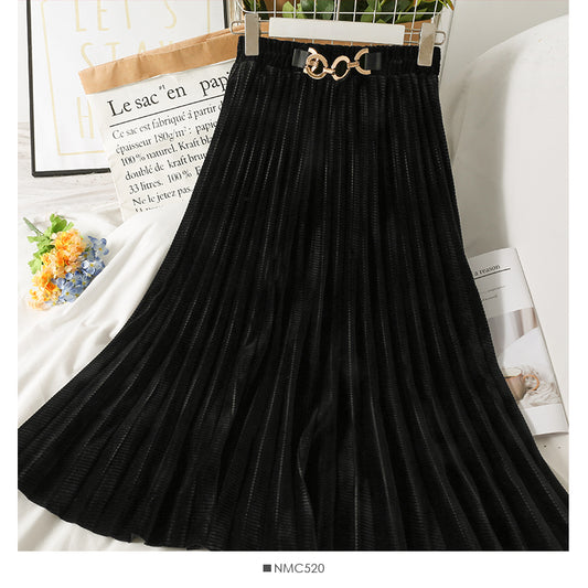 Jupe fine à taille élastique en velours doré vintage coréen 2607
