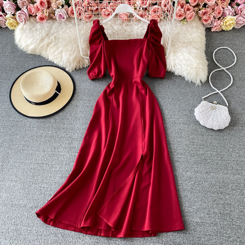 Französisches Retro-Kleid mit eckigem Ausschnitt und Blasenärmeln an der Taille 2940