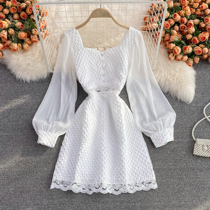 Long sleeve temperament waist closing lady square neck Jacquard Dress  3076