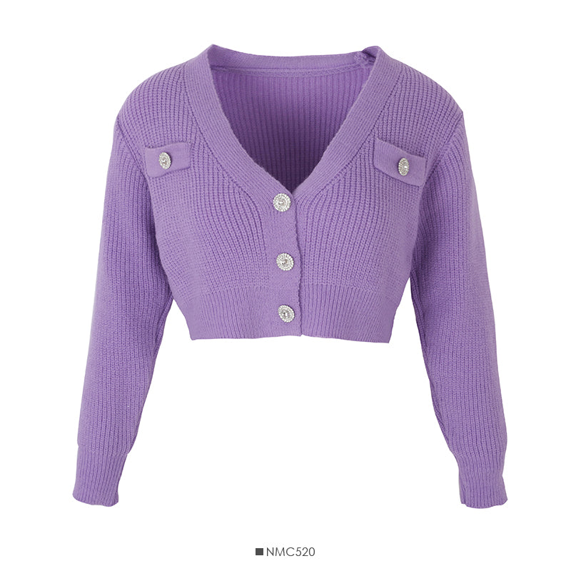 Manteau pull à manches longues et col en V à trois boutons, petit et polyvalent 1733