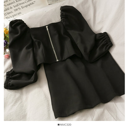 Off shoulder exposed clavicle zipper bubble sleeve top high waist skirt  2490