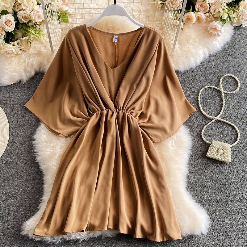 Versatile solid short skirt age reducing waist dress  3188