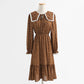 New autumn retro waist slim doll collar coffee floral skirt lace up skirt  2328