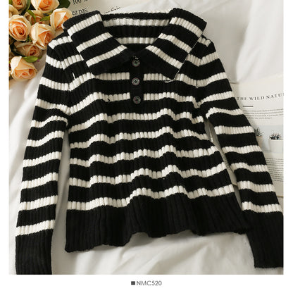 Korean stripe slim slim Lapel long sleeve sweater for women  2065