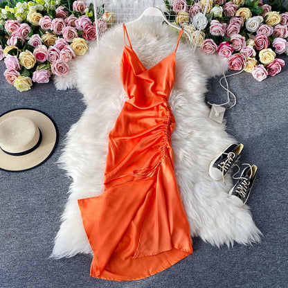 Waist drawcord Pleated Satin suspender dress  2791