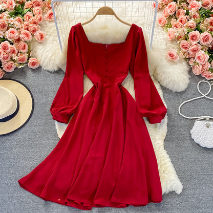 Temperament medium long high waist Thin Red Square Neck Dress  3361