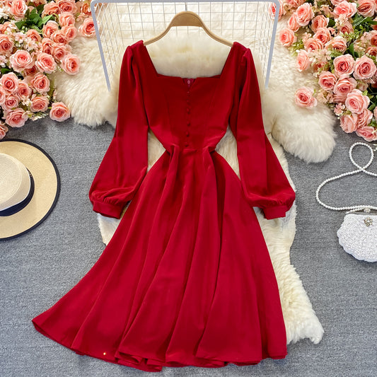 Temperament medium long high waist Thin Red Square Neck Dress  3361