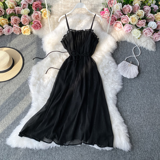 Sexy suspender shoulder and waist show thin fairy skirt  2766