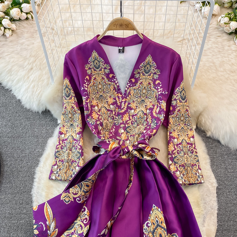 Court Vintage printed long sleeved dress with large swing  3382
