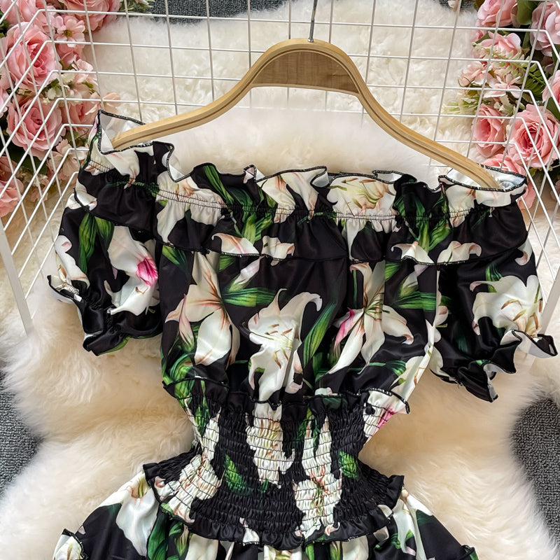 Waist print Ruffle A-line skirt dress  3194