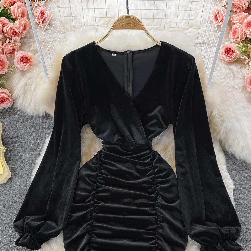 V-Neck long sleeve pleated slim wrap hip dress  3018