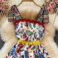 Waist slim temperament suspender large swing Printed Dress  3321
