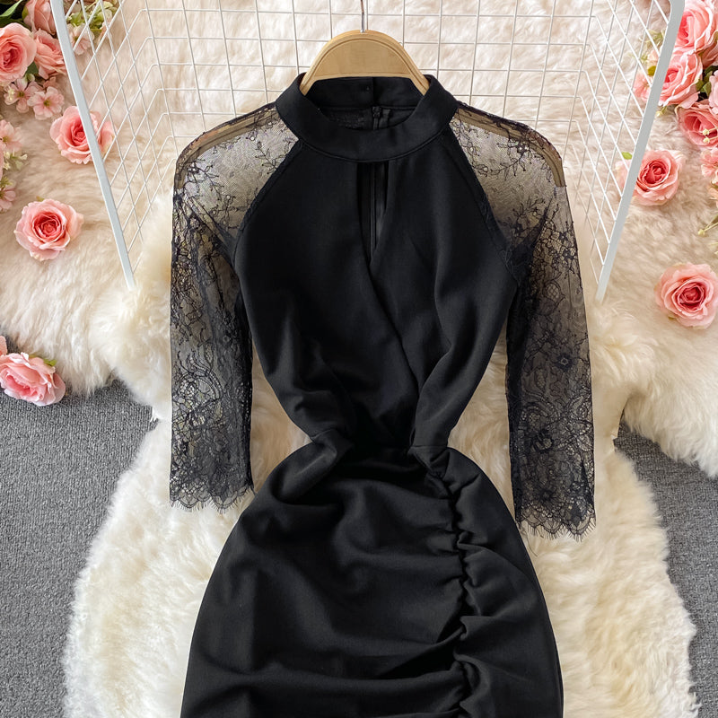 Mesh stitched long sleeve perspective Hip Wrap waist black dress  3228
