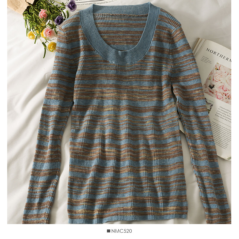 Han Fan retro stripe medium long tight long sleeve T-shirt  2068