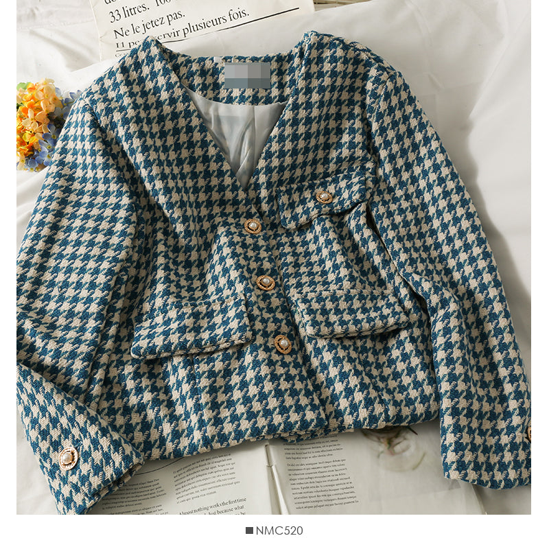 Korean retro three button short thousand bird lattice small suit for women  2087