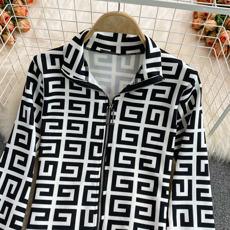 Korean leopard print loose casual stand collar zipper coat  1678