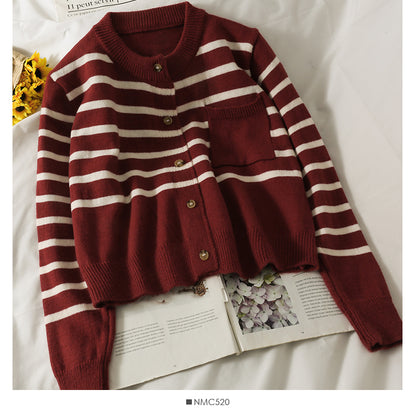 Stripe short loose thin single breasted cardigan women's sweater  2006