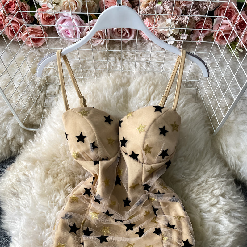 Star mesh splicing suspender Hip Wrap Skirt pleated strapless dress  3032