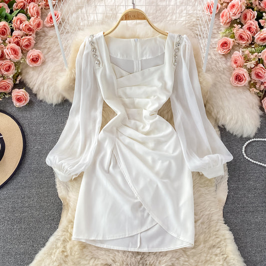 Robe à col carré à manches bouffantes de style rétro français coréen 2866