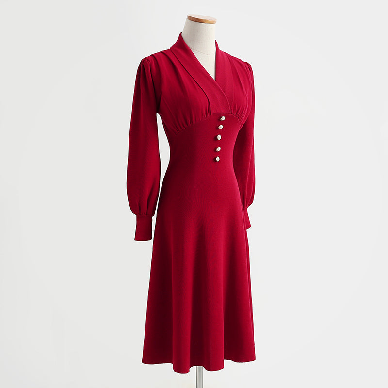 French retro noble and elegant temperament red knitted dress  2197
