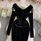 Black velvet short dress long sleeve dress  1300