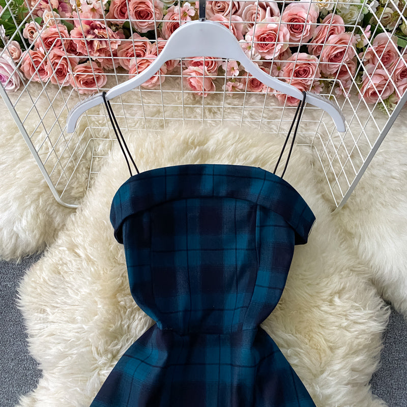 French first love Platycodon grandiflorum skirt dark Plaid waist  2886