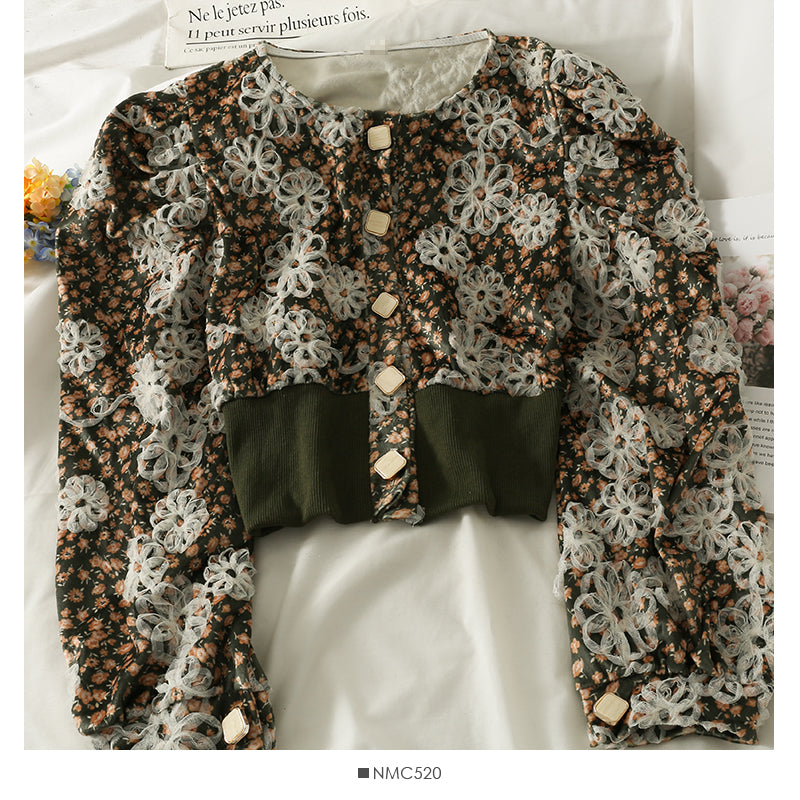 Hong Kong Vintage printed round neck single breasted cardigan top women's jacket  2115