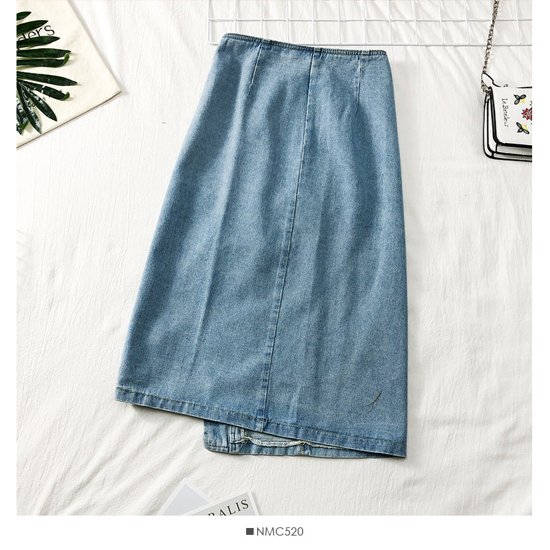 High waist one step medium length skirt cowboy skirt with irregular split  2651