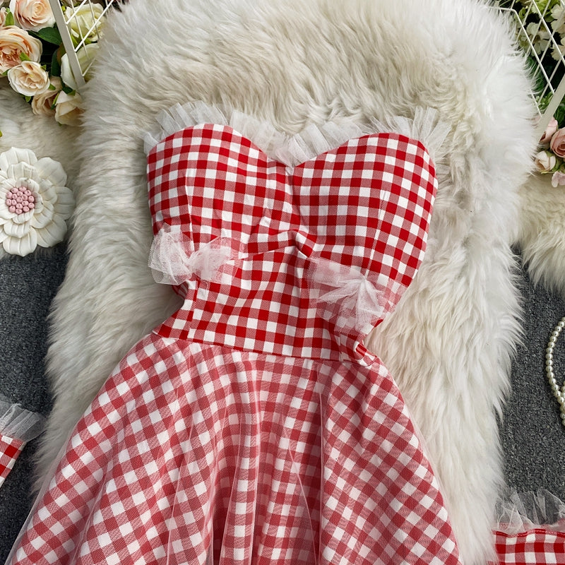 Strapless Plaid Dress waist A-line short skirt  3413