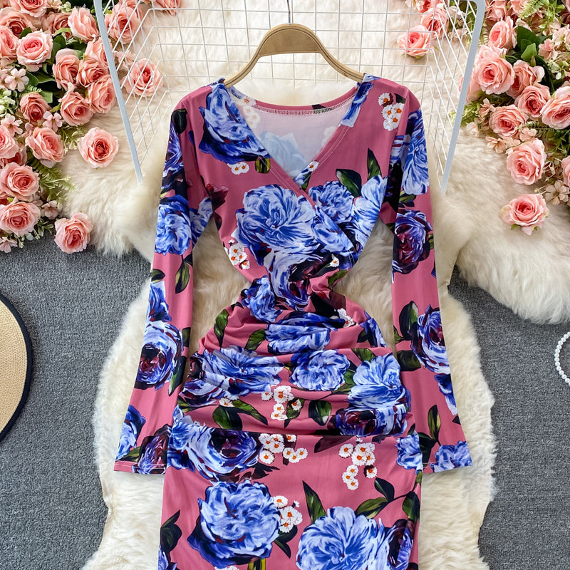 V-neck print slim split dress  3086