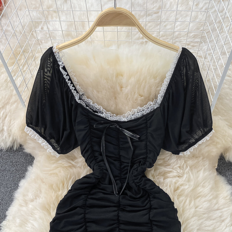 French Ruffle sweet square neck dress  2797