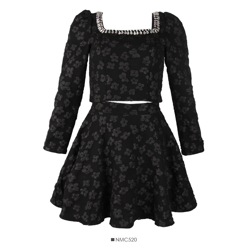 Bow tie long sleeved blouse embossed high waist skirt  2684