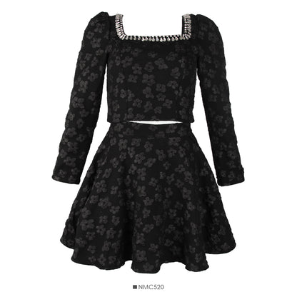 Bow tie long sleeved blouse embossed high waist skirt  2684