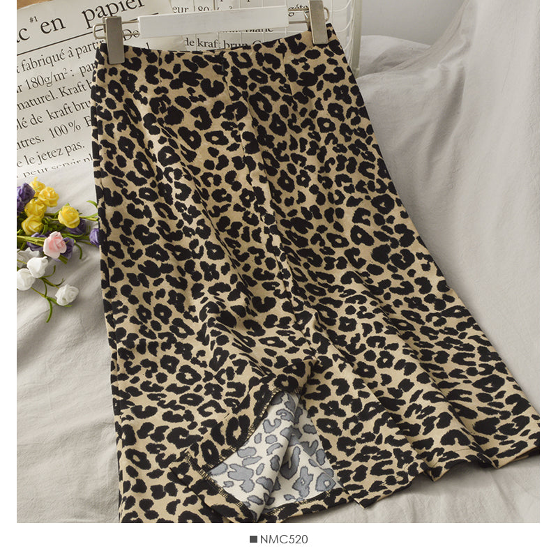 Hong Kong retro leopard print medium length high waist split one-step skirt  2662