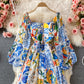 Bubble sleeve blue and white porcelain printed split long skirt  3349