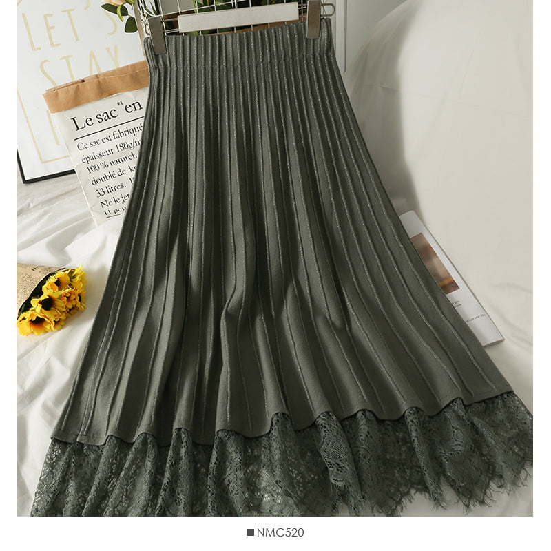 New lace stitched vertical stripe elastic waist slim skirt  2626