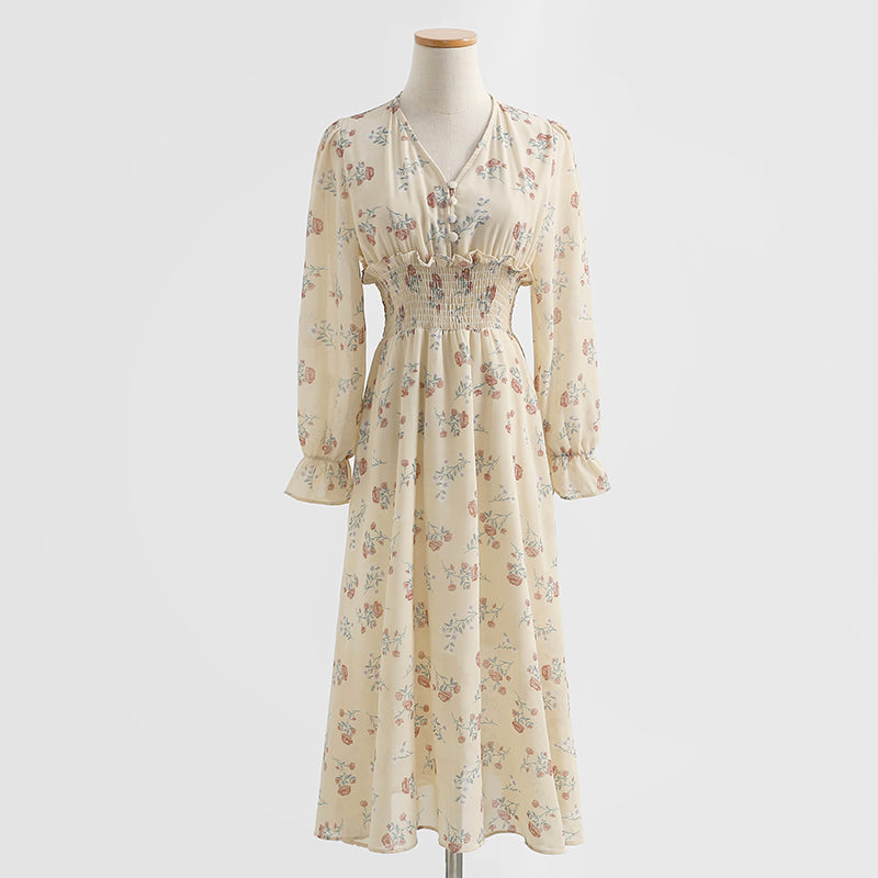 Long sleeved chiffon skirt Floral Dress  2158