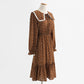 New autumn retro waist slim doll collar coffee floral skirt lace up skirt  2328