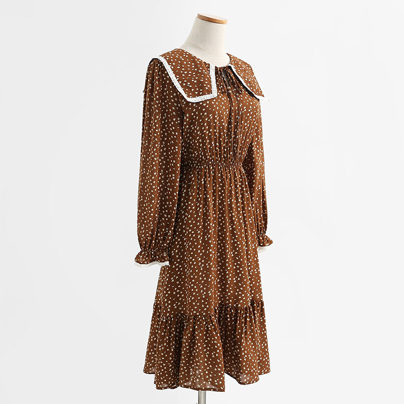 New autumn retro waist slim doll collar coffee floral skirt lace up skirt  2328