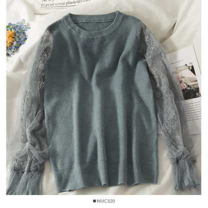 Mesh stitching loose and slim long sleeve Pullover Sweater  1817