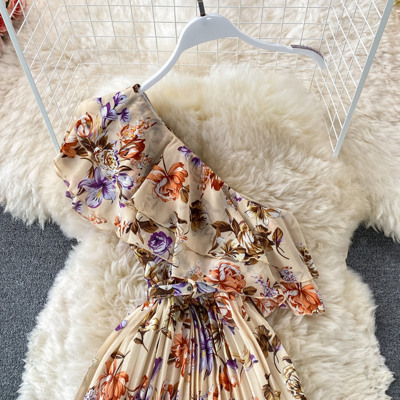 Ruffle waist Pleated Chiffon Floral Dress  2972