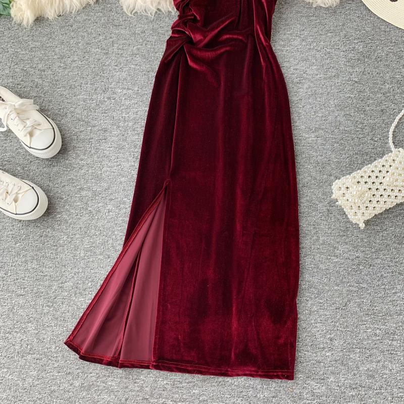Sexy velvet dress women's slim V-neck suspender skirt  2713