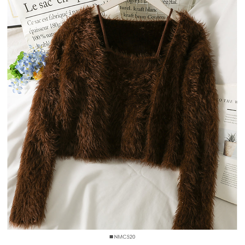 Slim cardigan long sleeved sweater with suspender vest inside  1695
