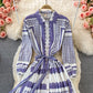 Gentle print lace up Lapel single breasted dress  3368
