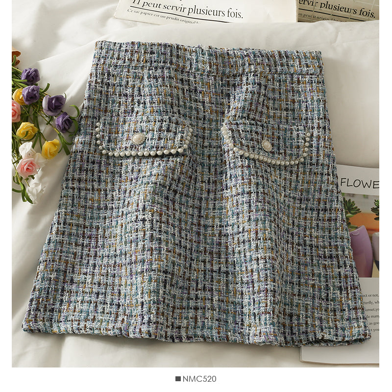 Hong Kong style retro Plaid tweed nail bead high waist hip wrap skirt female  2539
