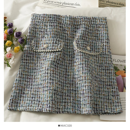 Hong Kong style retro Plaid tweed nail bead high waist hip wrap skirt female  2539