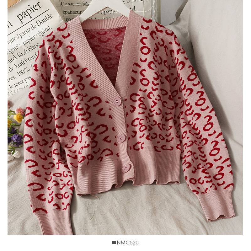 Korean retro color matching leopard three button cardigan women's sweater  1947