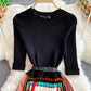 Stand neck knit patchwork contrast Pleated Dress  3355