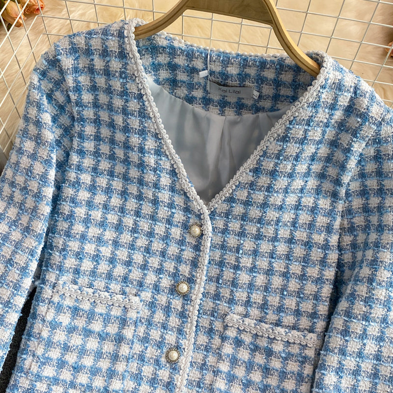 Vintage small fragrance woven tweed V-neck coat  1664